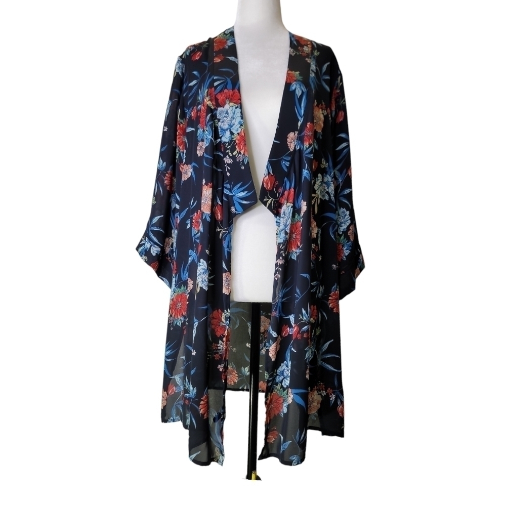 Tahari Chiffon Floral Mid length Cardigan